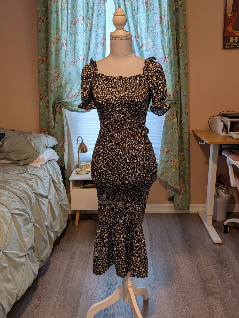Amazon Black and White Floral Square-Neck Midi Dress